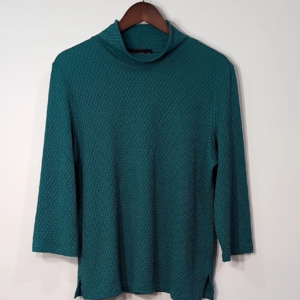 Dialogue | Vintage Teal Textured Stretchy Cowl Neck Top with 3/4 Sleeves Size L - Picture 2 of 8